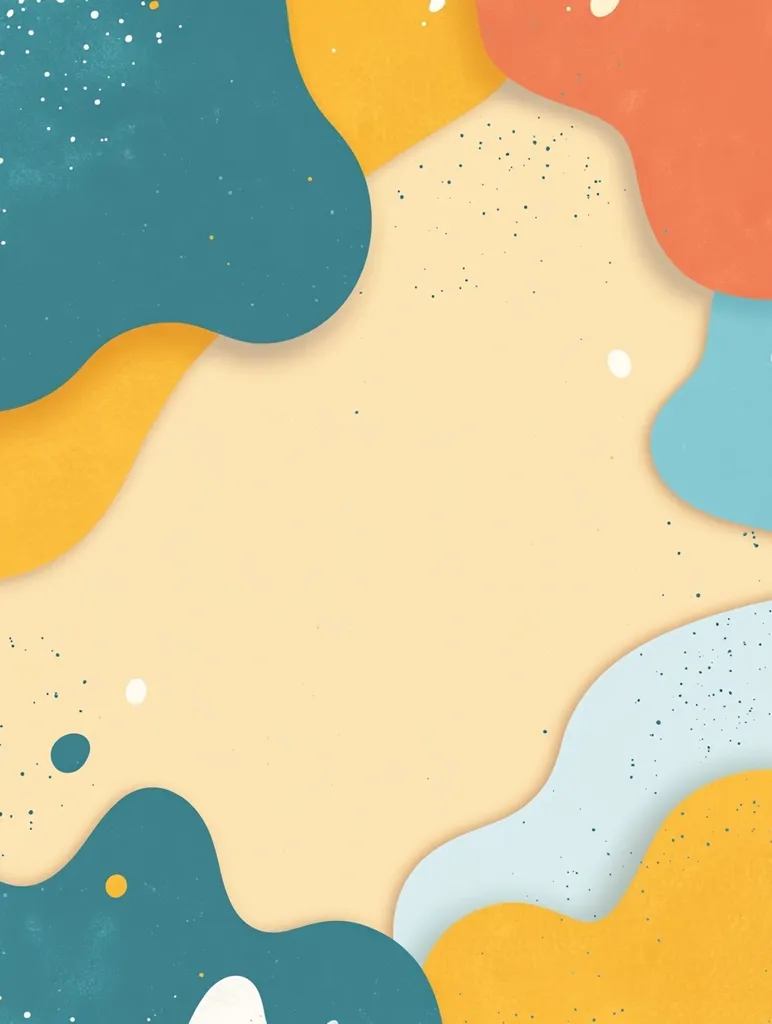 The image features a colorful abstract design on a light yellow background. The design consists of large, fluid shapes in shades of blue, green, yellow, and orange, arranged to create a frame around a blank central space. The shapes have a textured look, and the background is lightly speckled with black dots. The overall effect is playful and dynamic.