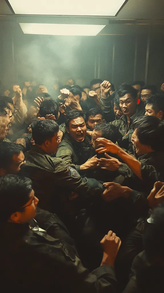A group of men are crammed into a small space, their faces illuminated by a dim light source. The scene is chaotic, with people pushing and shoving each other. There is a sense of tension and urgency in the air.  The men are all dressed in dark clothing, and their expressions are intense.  The image appears to be from a movie or TV show.  The lack of clarity suggests a scene of chaos and confusion.