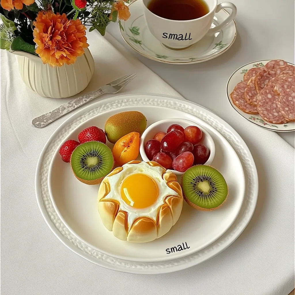 A white plate with a sun-shaped bread roll filled with a bright yellow yolk, surrounded by kiwi slices, strawberries, a peach slice, and a bowl of red grapes. A cup of tea and a plate of sliced salami are in the background. The image is well-lit and captures a delightful breakfast spread.