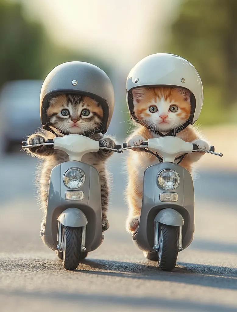 Two kittens, wearing tiny motorcycle helmets, ride miniature scooters on a gray asphalt road. They are facing forward, with determined expressions and a sense of adventure. The scooters are grey and have small headlights. The background is a blurry green and brown, suggesting a natural environment. This adorable image captures the spirit of freedom and the joy of childhood.