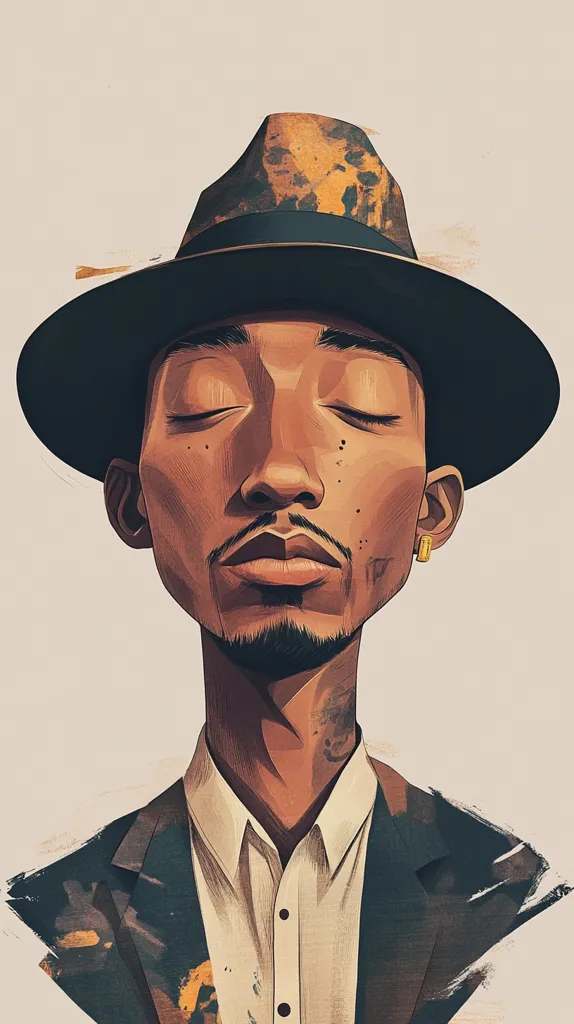 The image is a digital illustration of a man with dark skin wearing a fedora hat and a suit. He has his eyes closed and is looking downward. The man's face is drawn in a stylized way, with exaggerated features. The colors in the illustration are muted and earthy, giving it a vintage feel. The illustration suggests a sense of contemplation or introspection.