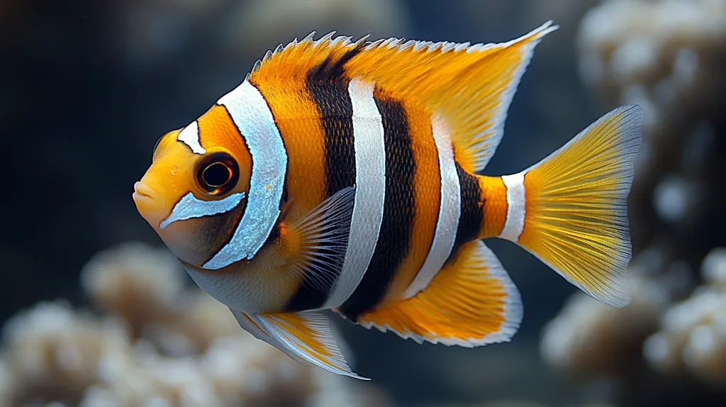 A vibrant fish with orange, black, and white stripes swims through the water. Its body is elongated and slightly curved, and its fins are fan-shaped. The fish has a large, black eye and a small mouth. The background is out of focus, creating a blurry effect.  The fish appears to be in motion, its fins and tail moving gracefully.  The overall effect is one of beauty and tranquility.  The bright colors of the fish stand out against the muted background.