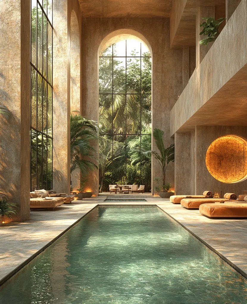 The image depicts a luxurious indoor pool area with a modern design. A long, rectangular pool stretches across the center of the room, lined by stone tiles.  Sunlight streams through large arched windows that offer a view of lush greenery.  The room's walls are a warm, earthy tone, creating a sense of tranquility and relaxation.  Beige lounge chairs are positioned on either side of the pool, inviting guests to unwind and enjoy the serene atmosphere.  The overall aesthetic is one of minimalist elegance, blending natural elements with contemporary design.