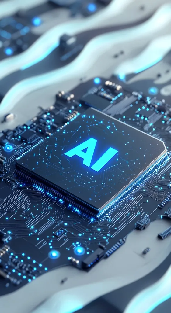 A computer chip with the letters "AI" glowing blue in the center. The chip is surrounded by a complex circuit board with intricate pathways and glowing blue points of light. The background is a blurry image of a white and blue, wavy surface. This image represents the concept of artificial intelligence and its integration into technology.