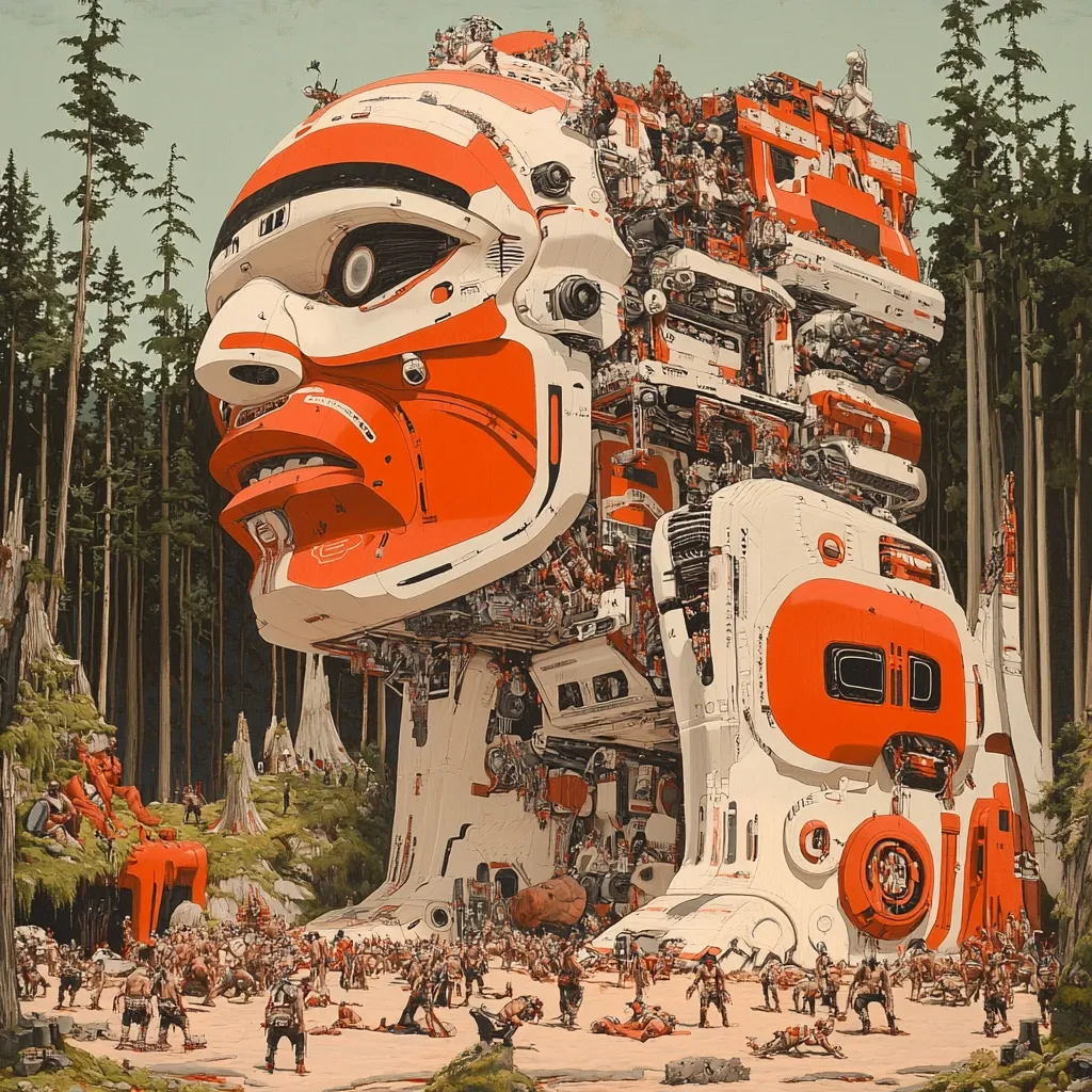A giant, intricately-designed robotic head stands amidst a forest. The head is primarily white and red, with intricate details and numerous smaller compartments. It appears to be a colossal mechanical structure, possibly a futuristic city or fortress.  A crowd of small, humanoid figures gathers at the foot of the giant head, their size emphasizing the enormity of the structure. The scene suggests a blend of futuristic technology and natural beauty, possibly depicting a post-apocalyptic or sci-fi world where humans have become integrated with advanced machinery.