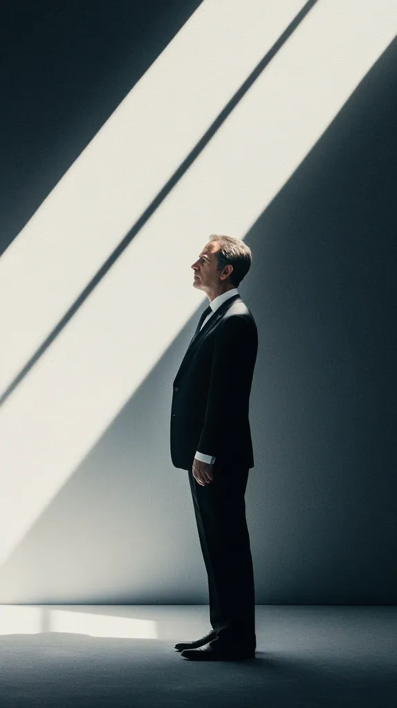 A man in a suit stands in a room with a large window.  Sunlight streams through the window, illuminating the man and casting long shadows on the wall.  He looks up and out, perhaps lost in thought or contemplation.  The image is a study in light and shadow, with the man's silhouette standing out against the bright background.  The minimalist composition highlights the man's contemplative pose and the stark contrast between him and the surroundings.