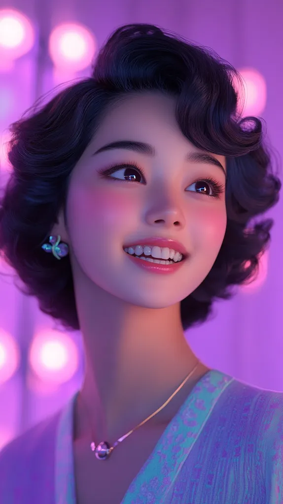 A young woman with dark, curly hair is smiling brightly. Her face is illuminated by pink and purple lighting, and she is wearing a delicate necklace. Her eyes are sparkling, and she is looking upwards. The background is blurry and out of focus, creating a dreamy and ethereal atmosphere. The image is likely a portrait, capturing the woman's beauty and confidence.
