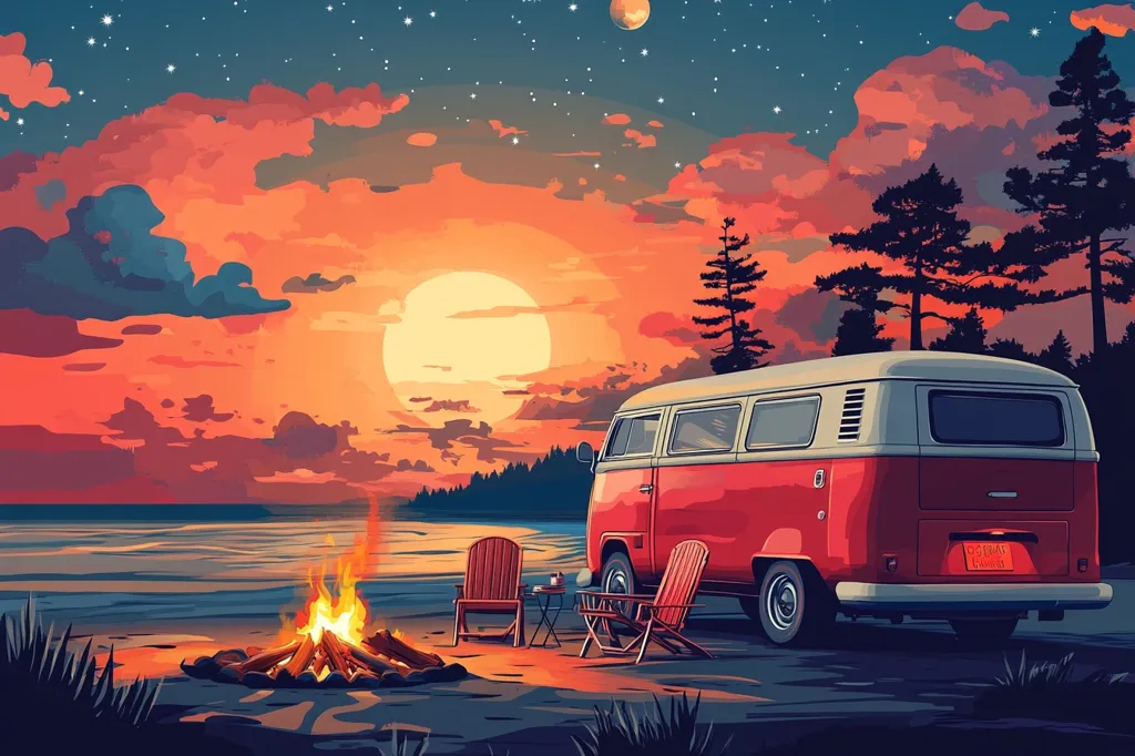 A red camper van sits by a bonfire on a beach at sunset. The sky is a mix of orange, red, and blue with a large, round sun in the distance. There are stars in the sky and trees in the background. Two chairs are set up by the fire, inviting someone to relax and enjoy the peaceful scene.