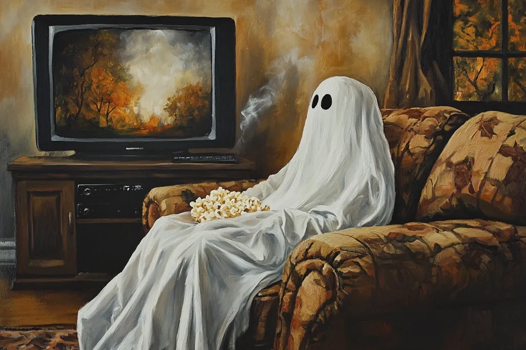 The image depicts a ghost watching television in a living room. The ghost is dressed in a white sheet and is sitting in a brown armchair. The television is on a wooden stand, and there is a bowl of popcorn on the ghost's lap. The room is dimly lit, and the only light source is the television screen. The window in the background is showing a view of an autumn scene. The image is painted in a realistic style and uses muted colors. It creates a spooky and atmospheric scene.