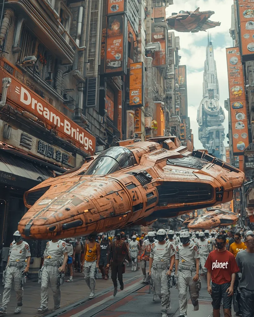 A futuristic city street, filled with people, is dominated by a large, orange, spaceship hovering overhead. The ship's shadow stretches across the crowded street, where people are walking in all directions.  The buildings are tall and narrow, with neon signs and billboards advertising everything from food to "Dream-Bridge." The overall atmosphere is vibrant and bustling, suggesting a busy and technologically advanced urban center.