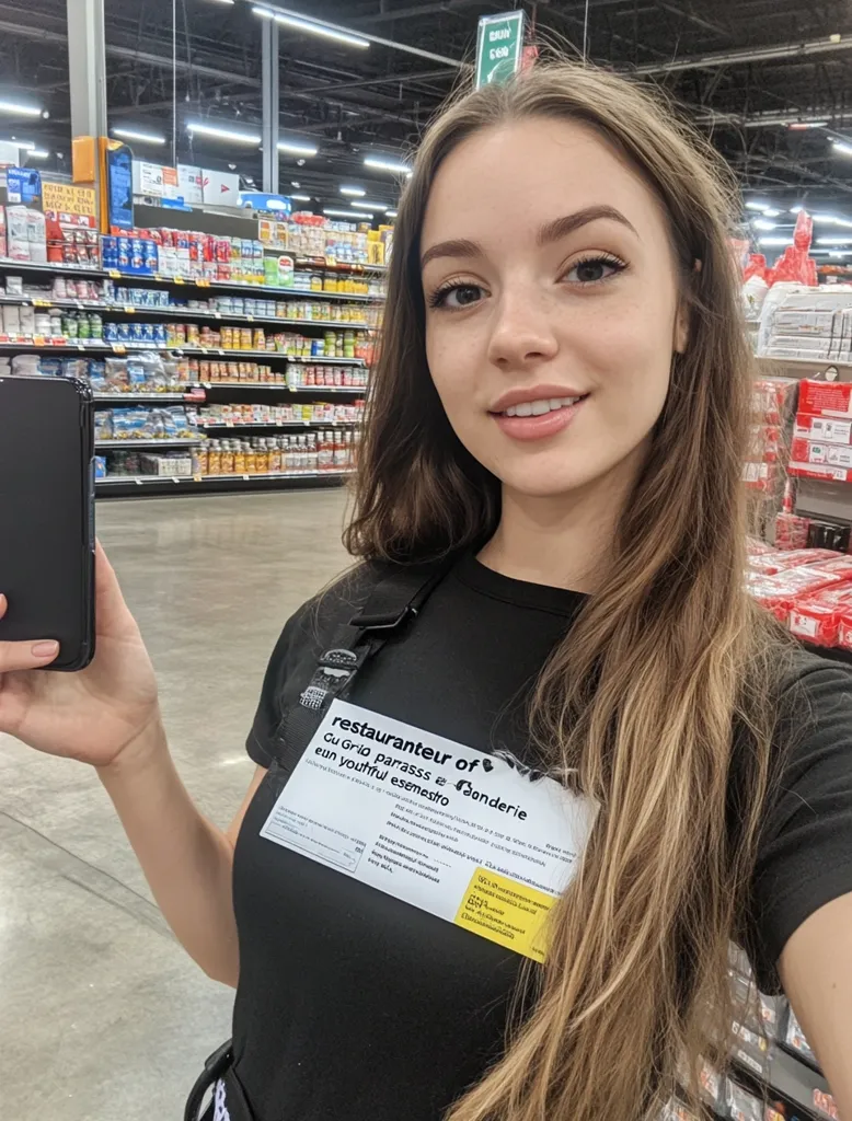 A young woman with long brown hair smiles for the camera. She is wearing a black t-shirt with a yellow sticker that reads "restaurateur of cu Gria parass e fonderie eun youthful esenestro." The woman is in a grocery store aisle with shelves full of products. She is holding a black phone in her left hand.  She looks happy and confident.