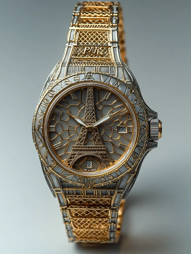The image shows a luxury wristwatch with a gold and silver design. The watch face features a detailed outline of the Eiffel Tower in gold, surrounded by a silver patterned background. The watch band is intricately designed to resemble the structure of the Eiffel Tower. The watch face also includes Roman numerals and a date window. The word "PARIS" is etched in gold on the top of the watch case.  The watch exudes elegance and sophistication with its intricate design.