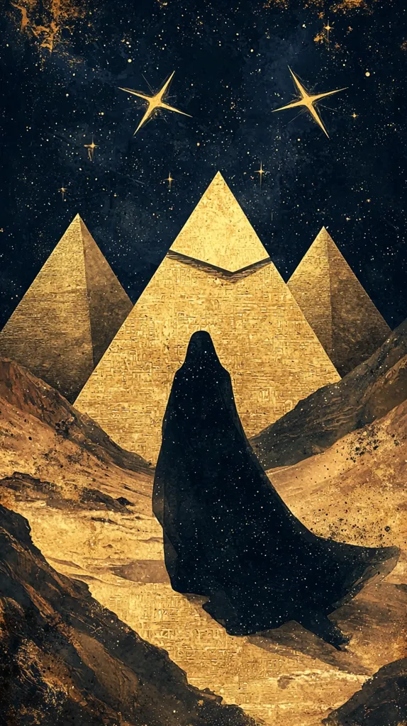 The image depicts a mysterious figure in a long black cloak standing in the desert before three golden pyramids. A starry night sky illuminates the scene, with two prominent stars shining brightly. The figure seems to be approaching the largest pyramid, radiating a sense of mystery and intrigue. The scene creates an evocative atmosphere of ancient wonder and unknown adventures.