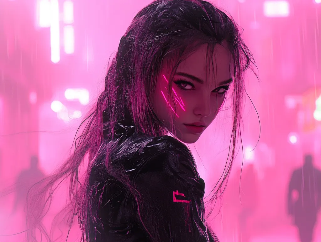 A young woman with long black hair stands in a brightly lit pink and purple neon city. Her face is adorned with pink neon streaks, and her eyes are sharp and intense. The city lights blur behind her, creating a sense of movement and energy. She is dressed in a black leather jacket, and her hair blows in the wind. The overall impression is one of power and mystery.