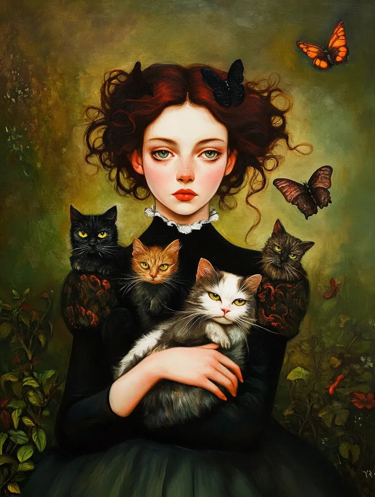 The painting depicts a young woman with long red hair, wearing a dark dress and a white lace collar. She is surrounded by four cats, two black, one orange and one gray and white. She holds the gray and white cat in her arms. The background is a lush green forest with butterflies flying around. The woman's expression is melancholic and her eyes are downcast. The overall mood of the painting is one of quiet contemplation and solitude.  The painting appears to be a portrait of a woman and her cats, set in a natural and serene setting. It is likely that the woman is mourning the loss of a loved one or reflecting on the passage of time.