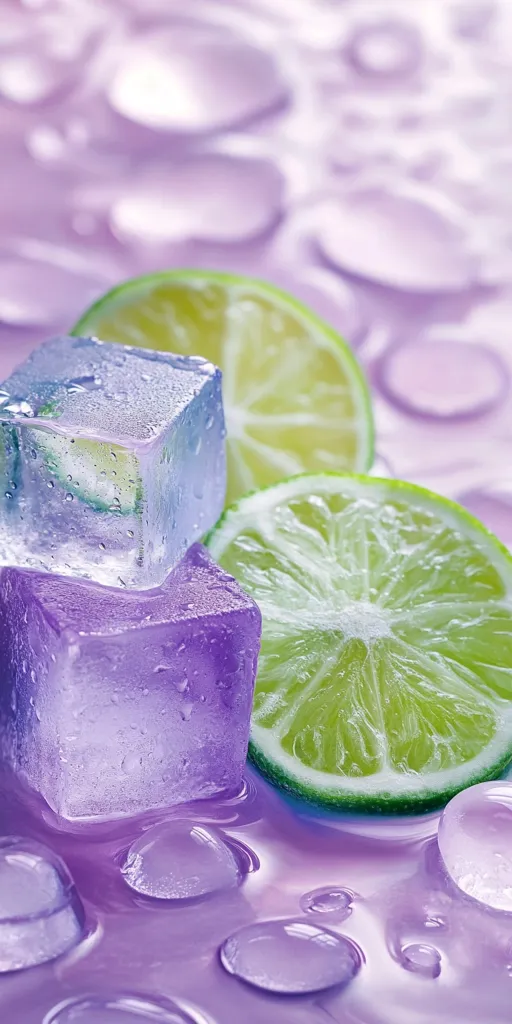 Two ice cubes, one clear and one purple, rest on a bed of  water droplets. Two slices of lime sit on top of the cubes, nestled in a bed of soft lavender-colored liquid. The image is a close-up, focusing on the textures and colors of the scene.  The light reflects off the ice and water, creating a sense of freshness and coolness.
