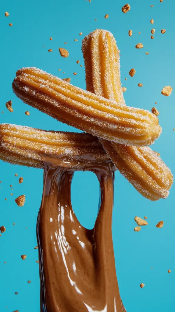 Three churros, dusted with sugar, are suspended in mid-air against a bright blue background. A thick stream of melted chocolate flows downwards from the centre of the churros. Small pieces of pastry float around the churros, adding to the sweet and indulgent feel of the image.