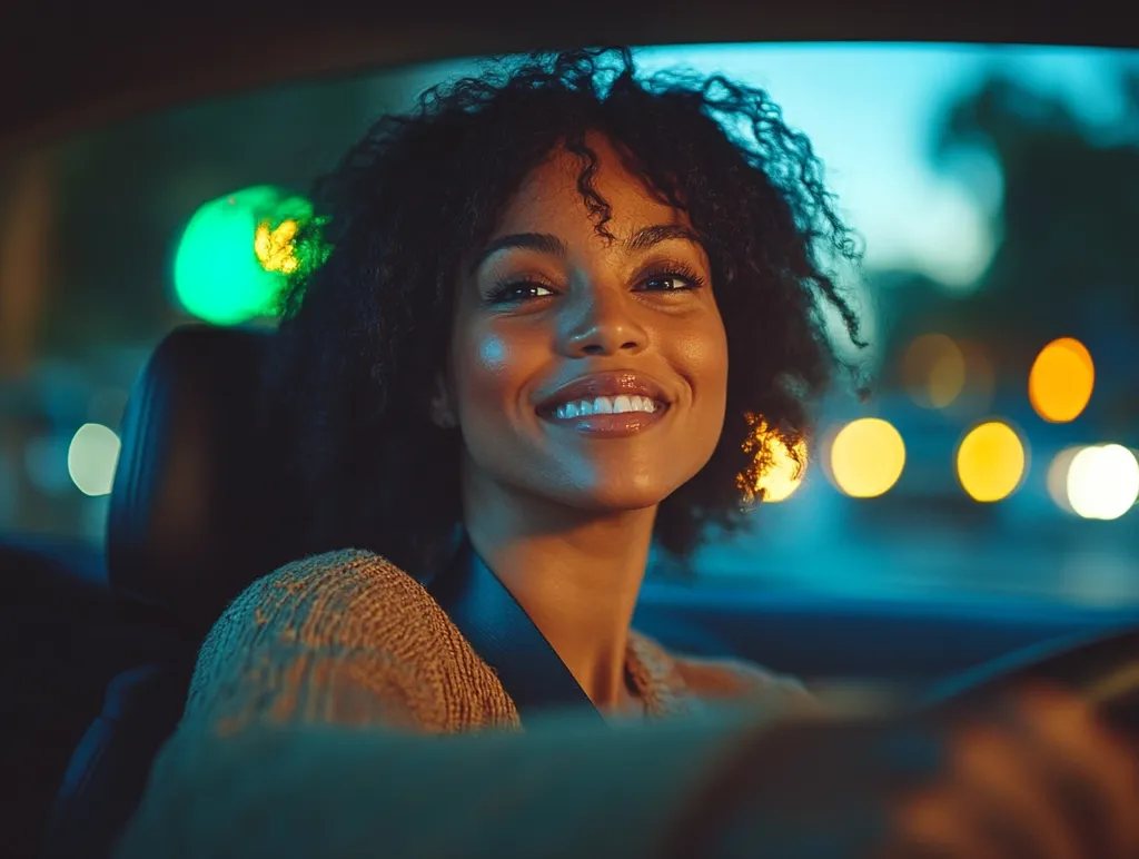 A young woman with curly dark hair sits in the passenger seat of a car, smiling brightly.  She is wearing a tan sweater and a seatbelt. The interior of the car is dark, with a blurred view of streetlights outside the window.  The warm glow of the lights casts a soft, blue hue over the scene.