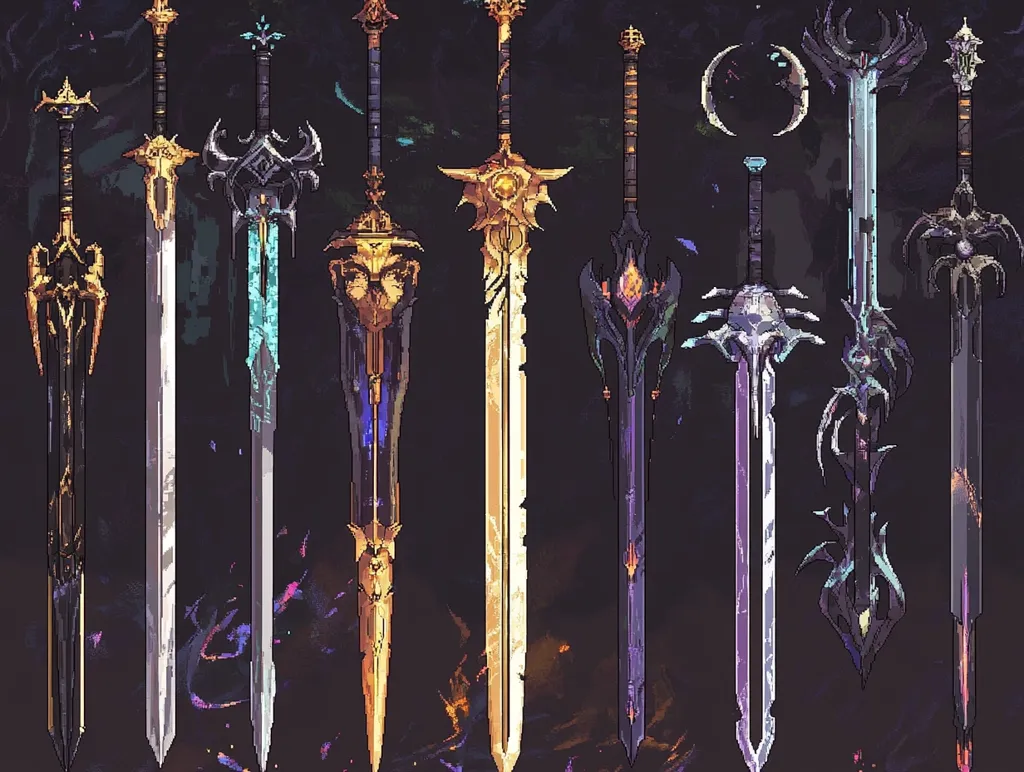 A collection of nine intricately designed swords, each with a unique style and color scheme. They are arranged in a row against a dark, textured background. The swords feature intricate details, including ornate handles, sharp blades, and decorative elements. The swords are a mix of gold, silver, and dark colors, giving them a dramatic and imposing presence. The composition emphasizes the swords' sharp edges and the contrast between their metallic gleam and the dark background. The image conveys a sense of power, mystery, and craftsmanship.