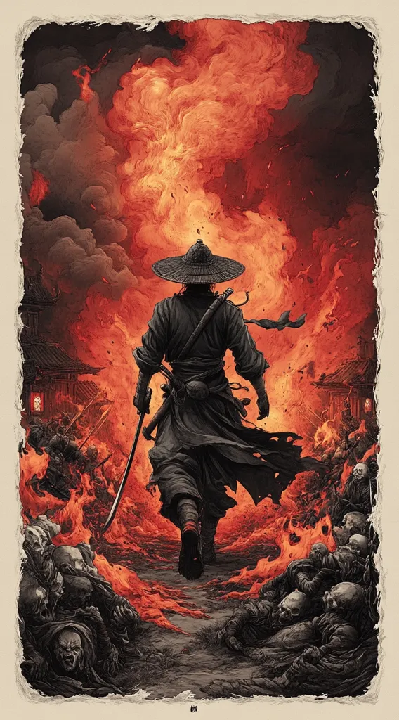 A lone warrior, clad in black and wearing a wide-brimmed hat, walks away from a fiery scene. The flames engulf a village, leaving behind only skeletal figures. The warrior's determined stride and the stark contrast of black and red evoke a sense of solitude and the aftermath of a brutal battle. The image is rendered in a dramatic, almost graphic style, enhancing the sense of tragedy and the warrior's stoicism.