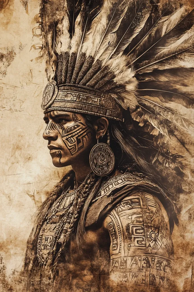 The image shows a close-up portrait of a Native American man, likely an Aztec warrior, in a sepia tone. He wears a traditional headdress adorned with feathers and intricate designs. His face is painted with geometric patterns, and his arm is covered in tattoos. The background is blurred, focusing attention on the warrior's stoic expression and adorned attire. The image evokes a sense of history, tradition, and strength.
