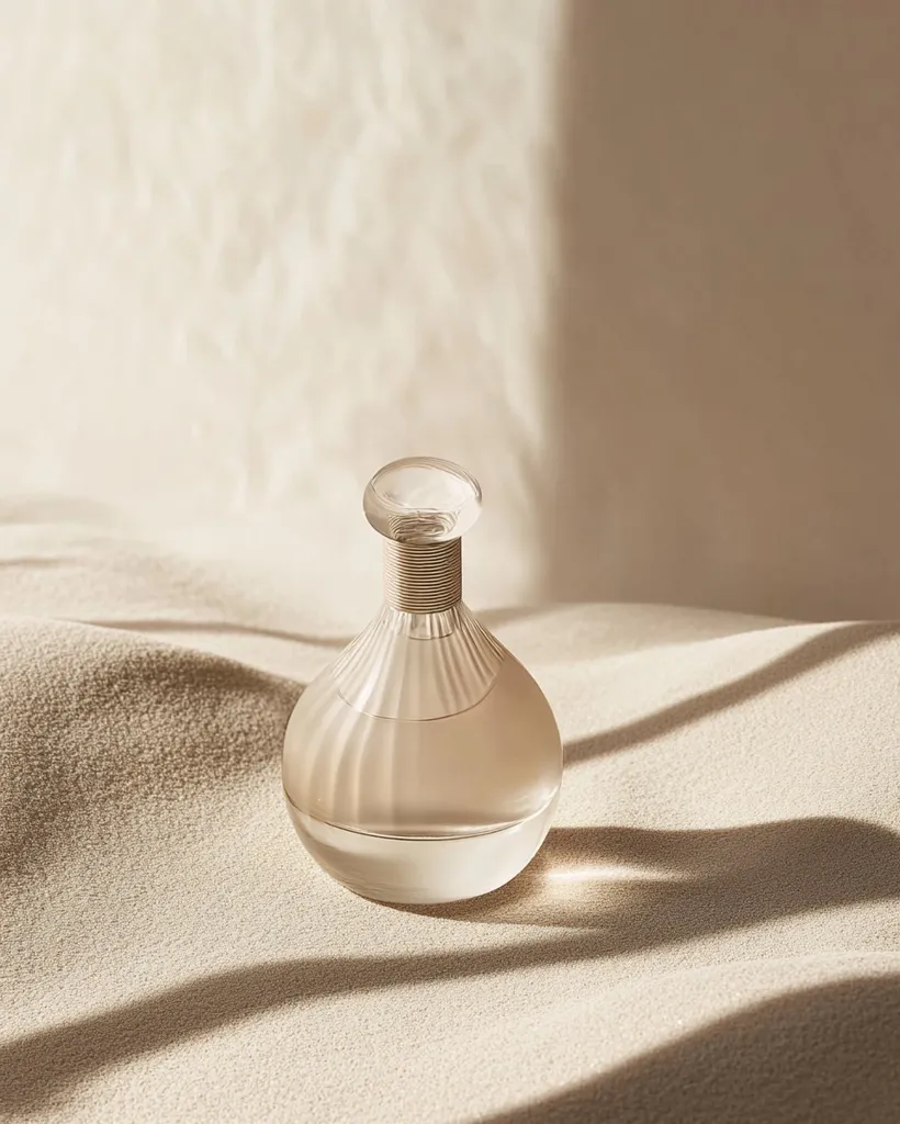 A glass perfume bottle with a rounded, bulbous shape and a gold-toned cap sits on a soft, textured beige surface. The bottle is filled with a clear liquid and the surface is bathed in soft, diffused light. The composition is simple and elegant, highlighting the beauty of the bottle and its contents.
