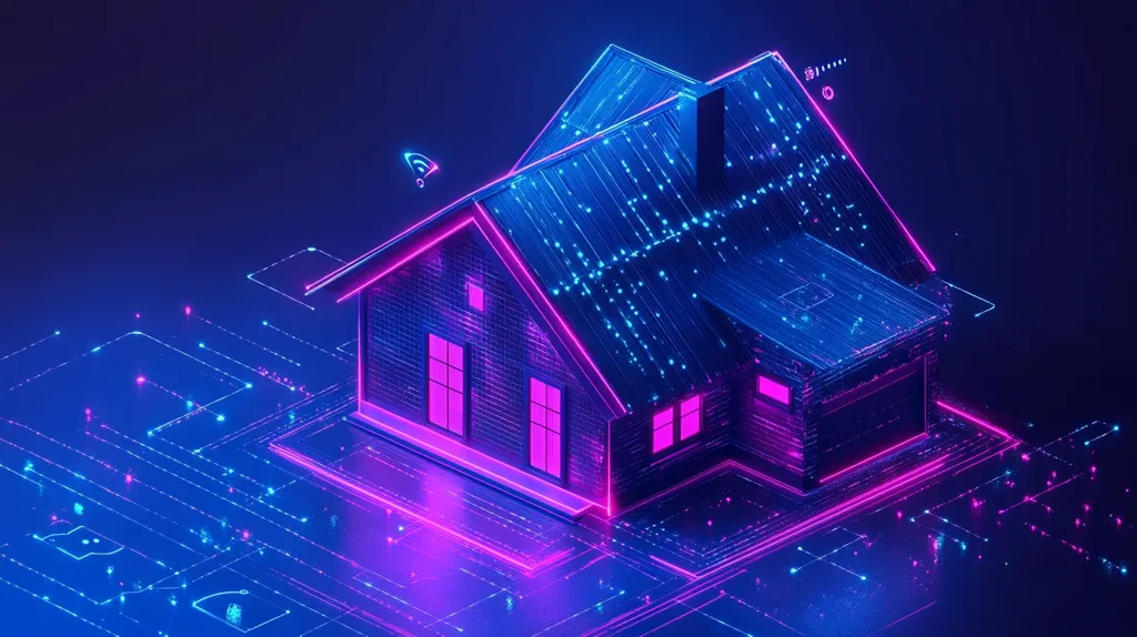 A 3D rendering of a house outlined in neon pink against a dark blue background, with a blue and white grid pattern behind it, representing data and circuitry. The house has a chimney, a pitched roof, and windows that glow pink.  The design evokes a modern, futuristic, and connected home.