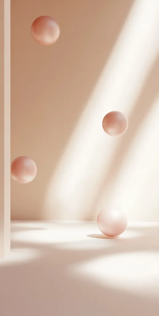Four smooth, light pink spheres are suspended in a soft, light beige space. Sunlight streams in from the top right corner, casting long shadows on the smooth, almost white floor. The spheres appear to float gently in the warm, inviting light.
