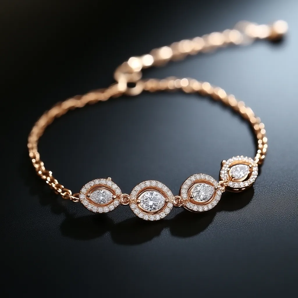 The image shows a delicate rose gold bracelet with three oval-shaped diamond settings. The diamonds are surrounded by a halo of smaller diamonds, adding sparkle and brilliance. The bracelet is elegant and simple, perfect for everyday wear or a special occasion.