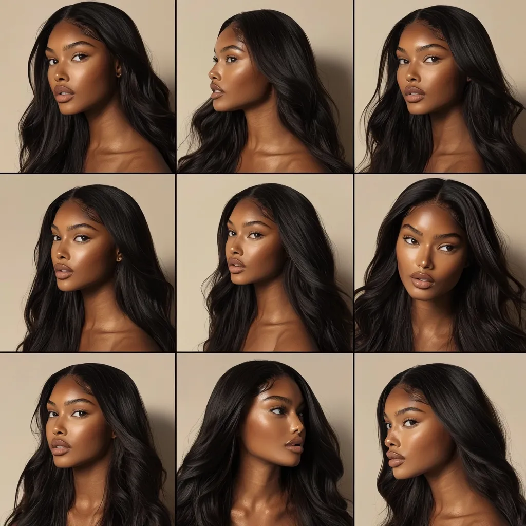 The image showcases a young woman with long, flowing black hair, posing in various angles. She has warm brown skin, soft features, and minimal makeup. The background is a simple, beige backdrop that emphasizes the subject. The overall aesthetic is natural and elegant. Each pose captures a different expression and angle of her face, highlighting her beauty.  The composition is gridded, featuring three rows of two portraits each.  The focus is on her face and hair.