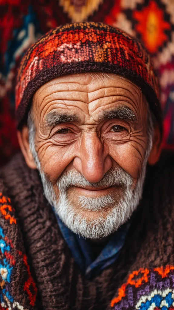 A close-up portrait of an elderly man with a white beard and a warm, knitted hat. His eyes are kind and crinkled at the corners, suggesting a lifetime of experiences. He is wearing a brown, intricately patterned sweater. The soft focus on the background creates a sense of intimacy and highlights the man's weathered face.