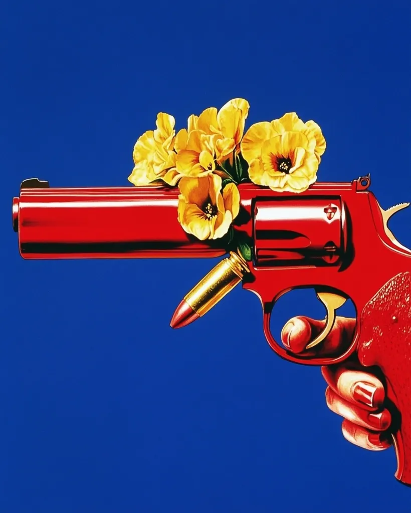 A bright red revolver with a single bullet in the chamber is adorned with a bouquet of yellow flowers. The gun is pointed towards the right, with a partial view of a hand holding it. The background is a solid, vibrant blue. The image presents a stark contrast between the delicate beauty of the flowers and the potential danger of the weapon, creating a thought-provoking visual.