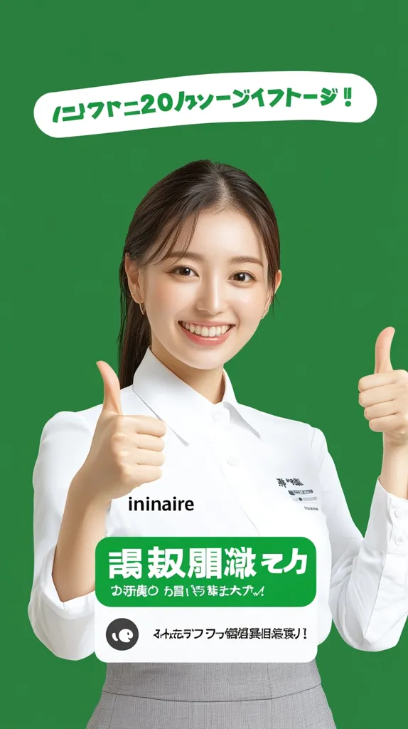 The image features a young woman with long dark hair, wearing a white shirt and giving a thumbs up with both hands. She is smiling brightly at the camera. Behind her is a green background with Japanese text, and a green rectangle with the word "ininaire" in white. The rectangle has Japanese text in it, with a small illustration of a cat's head. The text appears to be about a product or service related to skin care.