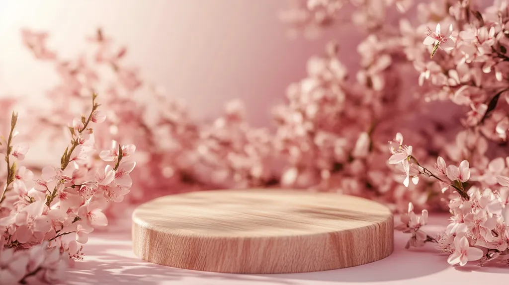 A soft, pastel pink background is adorned with delicate pink cherry blossoms. A round, wooden podium sits in the center of the image, creating a natural and inviting display space. The image evokes a sense of springtime and tranquility.