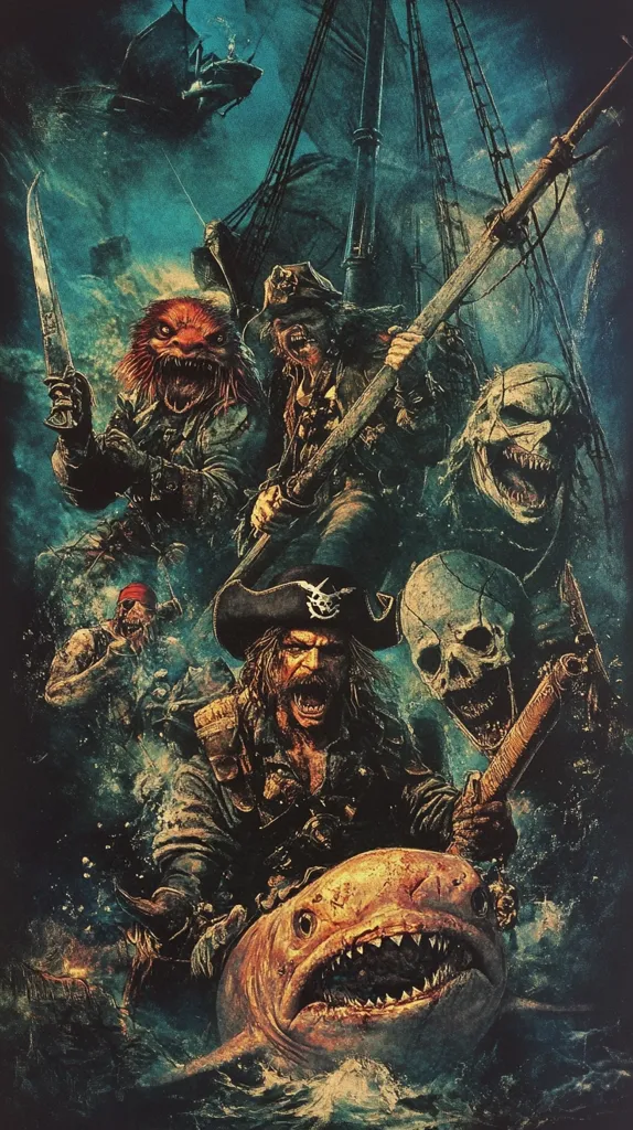 The image depicts a pirate-themed scene with a group of menacing figures. A skeletal figure with a toothy grin holds a sword, while a humanoid creature with a beak-like mouth wields a weapon. In the foreground, a pirate with a long beard rides a monstrous shark, his fierce expression reflecting the danger of the scene. A ship's mast and sail loom in the background, suggesting a nautical setting. The overall mood is dark and ominous, hinting at a tale of adventure and peril.
