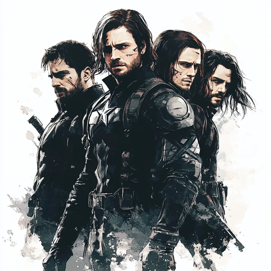 A close-up, stylized image of Captain America and the Winter Soldier standing shoulder-to-shoulder.  Both men are wearing their iconic costumes, and their expressions are serious and determined.  The image has a gritty, realistic quality, and the background is blurred and indistinct.  The image has a sense of power and camaraderie.  The background is mostly a white watercolor wash, making the figures stand out.