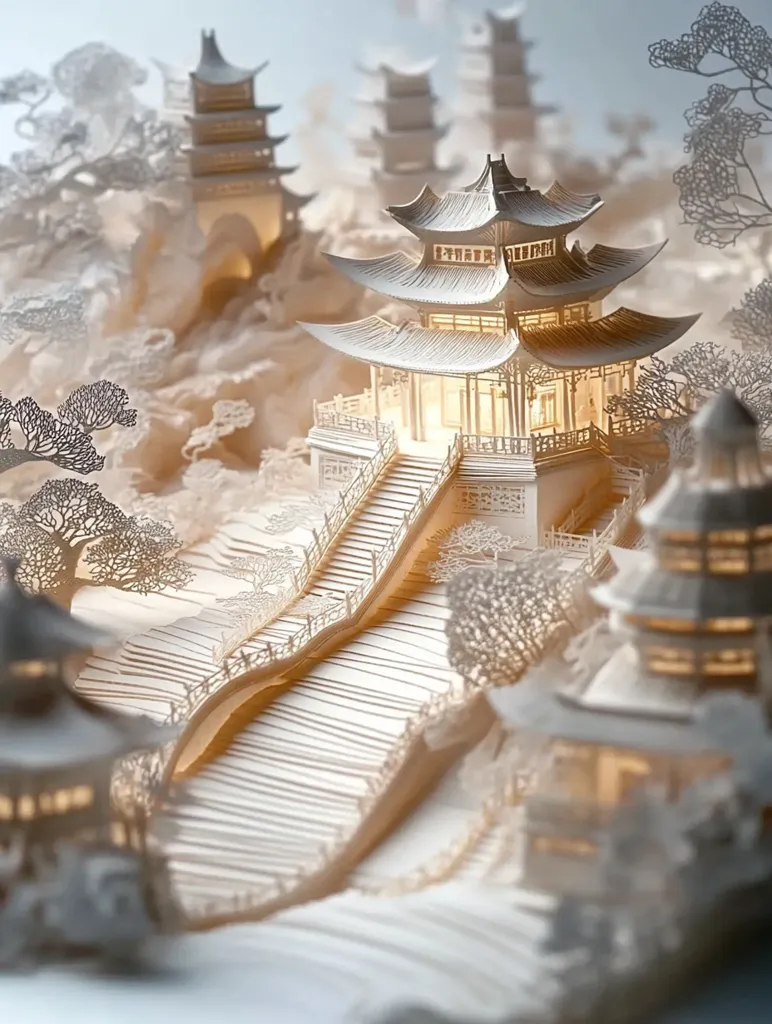 A intricate paper-cut model of a Chinese landscape, featuring a grand pagoda with a long, winding staircase leading up to it. Delicate trees and other buildings surround the pagoda, all crafted with meticulous detail, creating a sense of depth and grandeur. The scene is illuminated with warm light, casting shadows and enhancing the intricate details. The white paper creates a soft, ethereal atmosphere, reminiscent of a delicate snowscape.