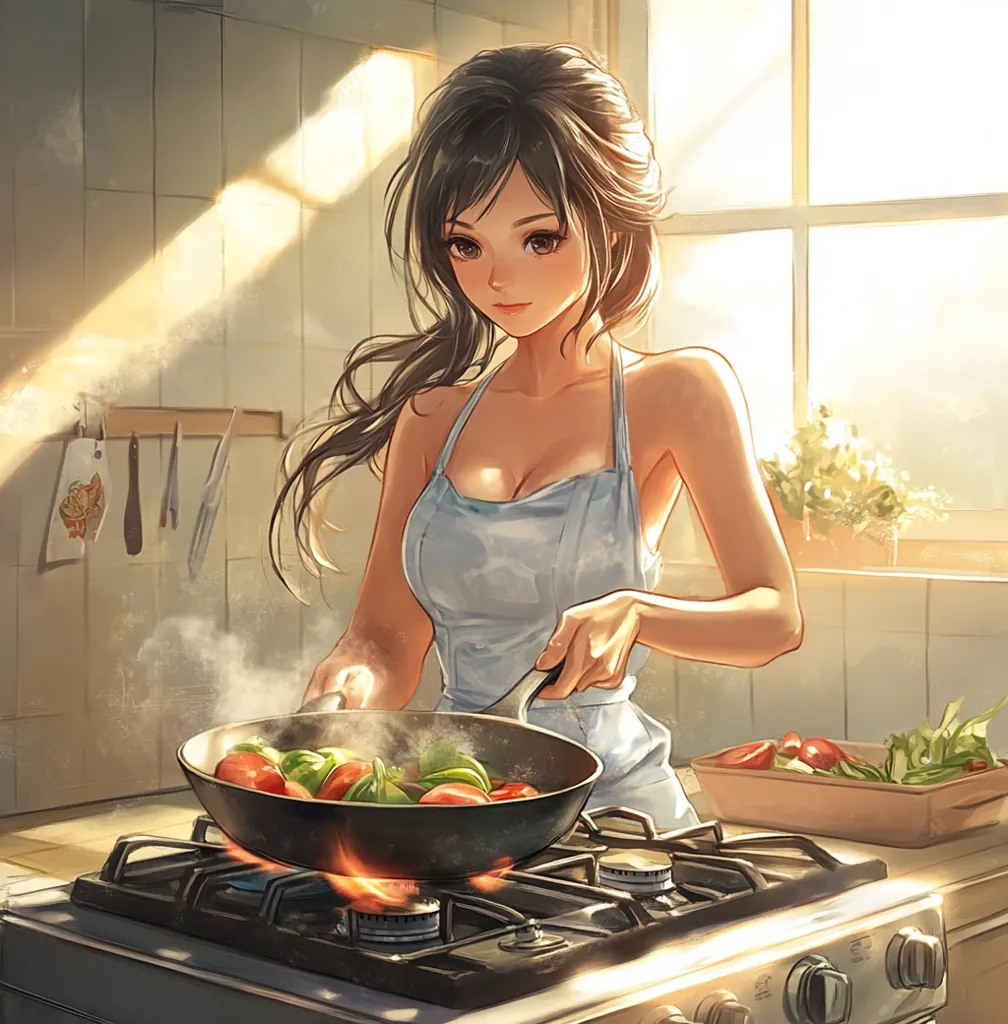 A young woman with long black hair, wearing a light blue apron, stirs a pan of vegetables on the stove. The kitchen is bright and sunny, with a window in the background. Steam rises from the pan, adding a sense of warmth and homeliness to the scene.  The woman's focused expression suggests she's enjoying her task, creating a delicious meal.  The scene conveys a sense of domesticity and comfort.