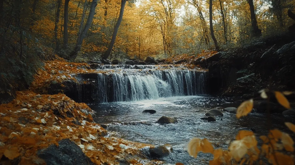 A small waterfall cascades down moss-covered rocks, nestled within a dense forest. The water flows over the rocks, creating a delicate spray and a gentle sound. Autumn leaves blanket the forest floor, adding a touch of warmth and color to the scene. The sunlight filters through the canopy of trees, casting dappled shadows on the ground.  The air is still and serene, creating a peaceful and inviting atmosphere.