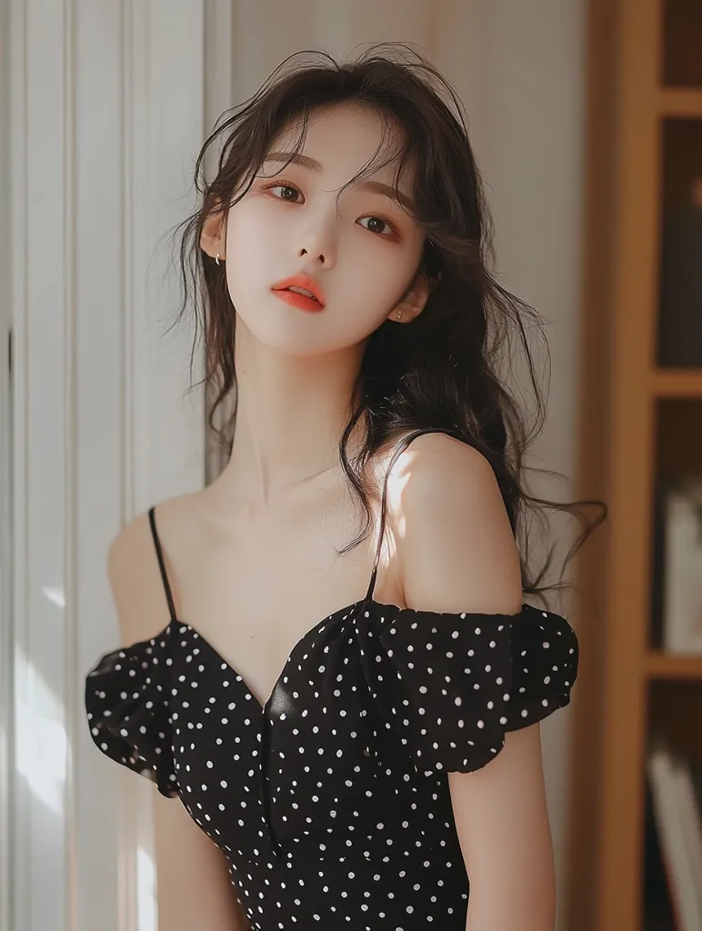 A young woman with long dark hair looks directly at the camera. She is wearing a black and white polka dot dress with a sweetheart neckline. The dress is off the shoulder and has ruffles on the straps. The woman is standing in front of a white wall and a bookshelf. Her expression is soft and inviting, and she has a delicate, feminine beauty. The lighting is soft and warm, creating a romantic and intimate atmosphere.
