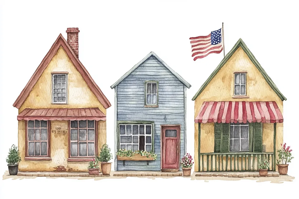The watercolor painting depicts three charming houses standing side by side. The first is a yellow house with a red awning and the words "Your ice cream here" above the large windows. The second is a light blue house with a red door and a window box full of flowers. The third is another yellow house with a red and white striped awning and a small porch. An American flag flies above the third house.  Each house is surrounded by potted plants and flowers, adding to the quaint and charming scene.