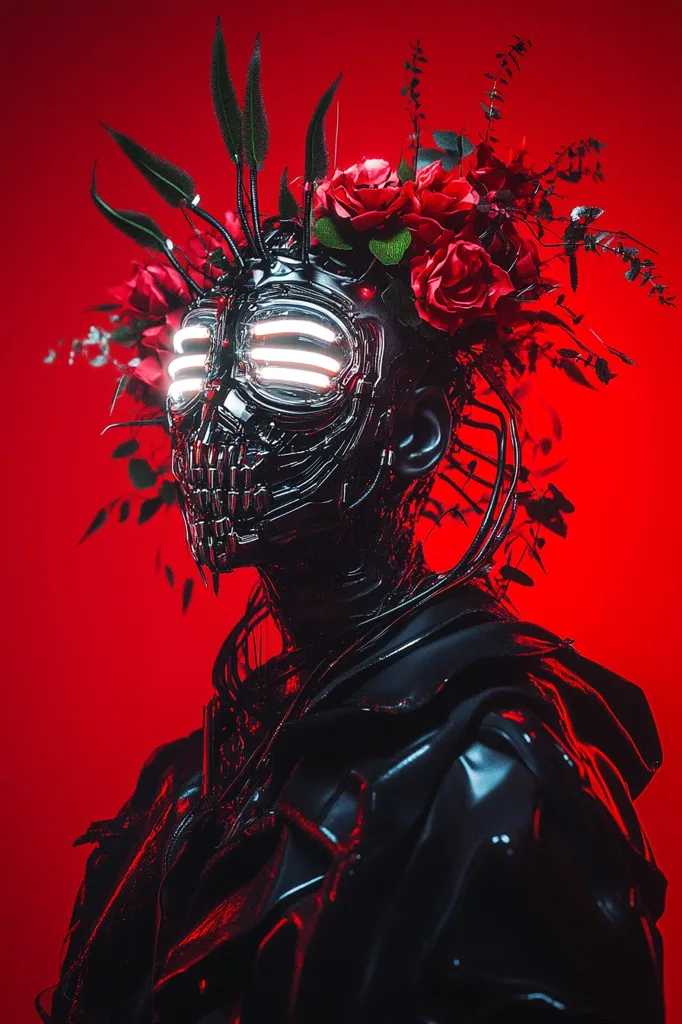 The image depicts a dark, futuristic figure with a black, intricately designed mask, illuminated by bright white strips. They wear a black leather jacket and a crown of red roses, set against a vibrant red background. The contrast between the dark, mechanical figure and the vibrant red and roses creates a striking visual. The figure's face is obscured, adding an element of mystery. The overall feel is both edgy and alluring.