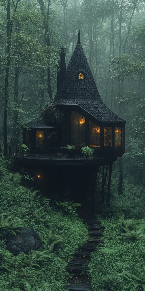 A dark wooden cabin with a conical roof stands tall in a misty forest. The cabin has large windows with warm light glowing from inside, hinting at a cozy interior. The surrounding woods are dense and lush, with a pathway leading up to the cabin through the foliage.  The atmosphere is serene and enchanting, suggesting a hidden haven within the wild.