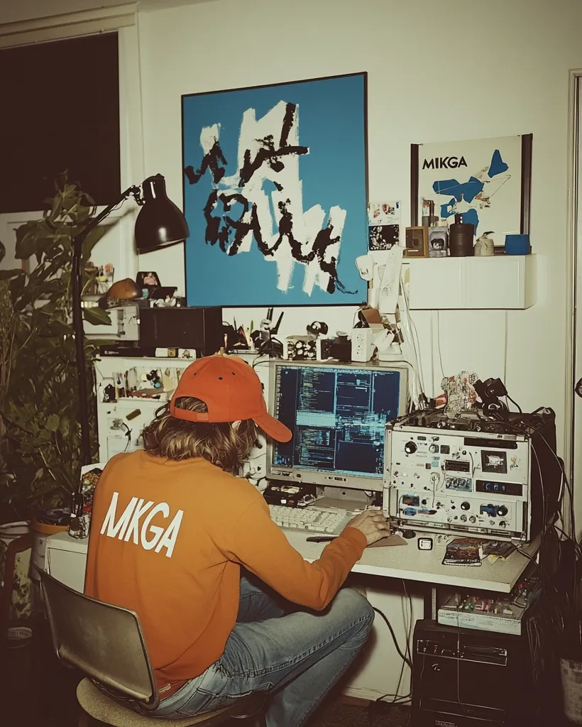 A young man in an orange sweatshirt with "MKGA" emblazoned on the back sits at a desk. He wears a red cap and is working on a computer. The desk is cluttered with electronics and various objects, including a large blue poster on the wall behind him. The overall aesthetic is one of a creative and tech-savvy individual. The image has a vintage, grainy filter applied.