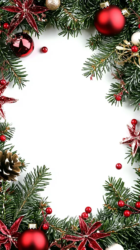 A festive Christmas border made of pine branches adorned with red and gold ornaments, red berries, and pine cones. The branches are dusted with snow, creating a wintry feel.  The white background allows space for a message or image.