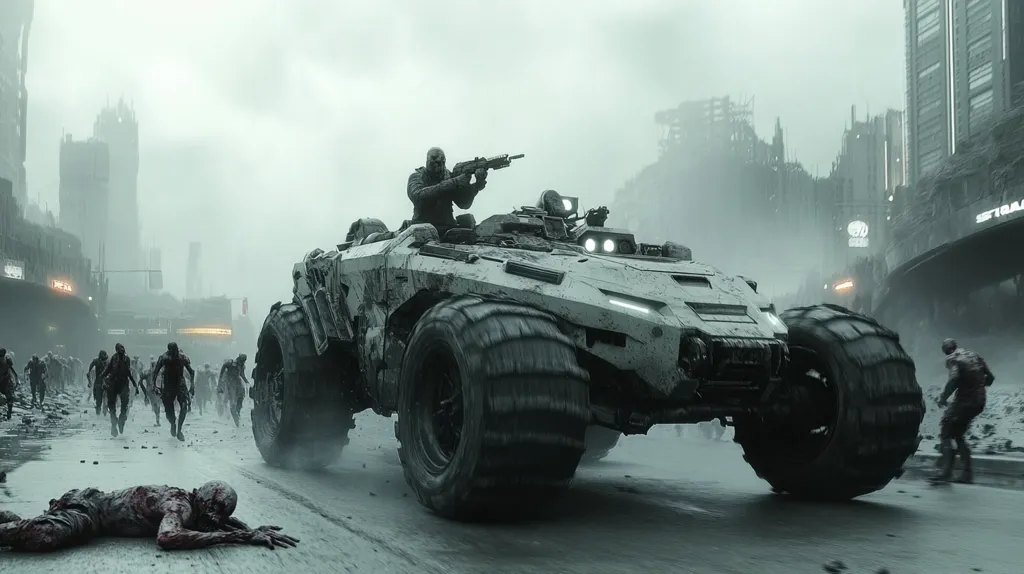 A heavily armed vehicle drives through a desolate, post-apocalyptic cityscape, with a lone soldier at the wheel, firing at a horde of zombies approaching from the distance. The city is shrouded in fog, and the scene is filled with a sense of tension and impending doom.