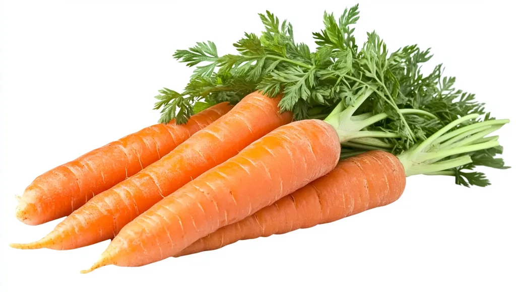 Four bright orange carrots are arranged on a white background, with their leafy green tops extending to the right. The carrots are fresh and plump, with a smooth, slightly glossy skin. The leaves are a vibrant green and create a stark contrast to the orange of the carrots. The image is a classic representation of fresh produce and the bounty of nature.