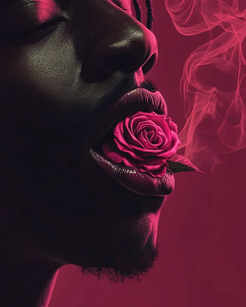 A close-up portrait of a person of color, their face illuminated in a soft pink light. They are holding a single red rose in their mouth, with smoke emanating from their lips. The focus is on the rose and the person's mouth, creating a mysterious and sensual image. The background is a blurred pink hue.  The image is stylized and dramatic, evoking a sense of passion and intensity.