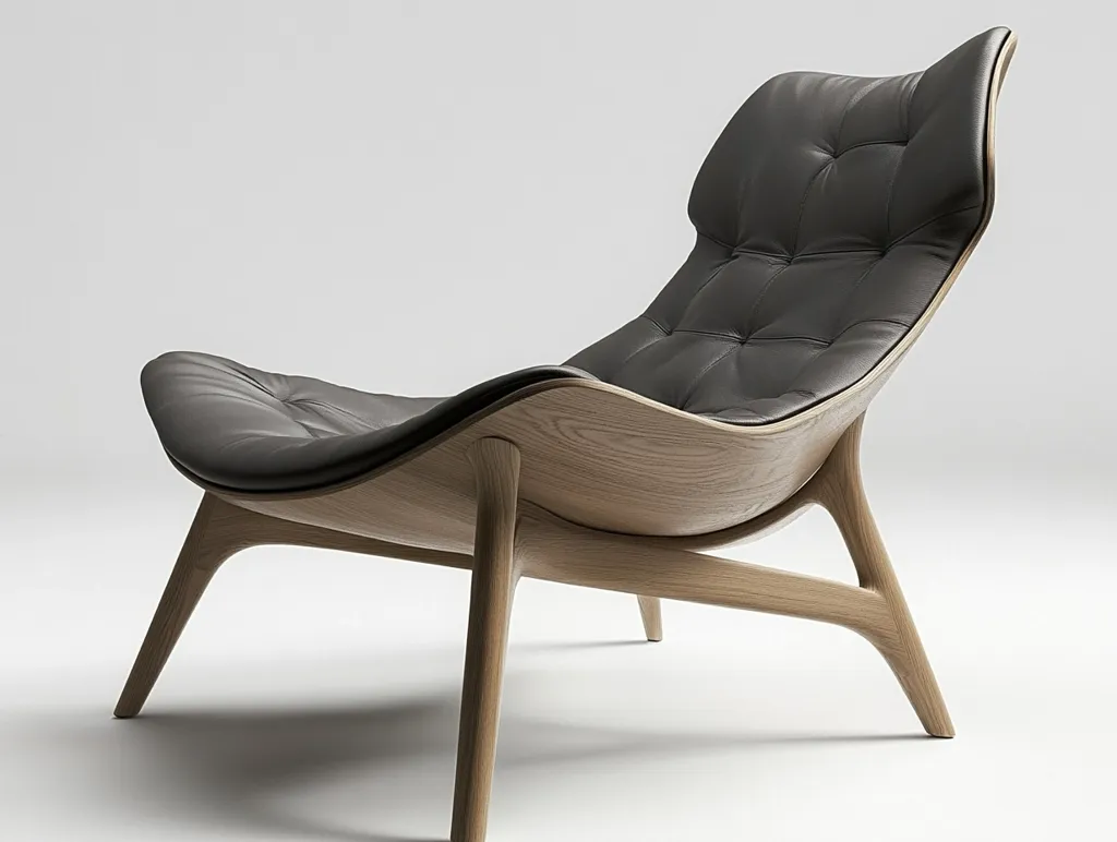 The image shows a modern armchair with a unique design. The chair has a dark leather seat and back, with a wooden frame that curves and sweeps out in a graceful arc. The chair is perched on four slender legs that taper towards the base. The chair is sitting on a white background, making the contrast between the dark leather and the light wood even more pronounced. The chair's modern, elegant design would make it a stylish addition to any room.