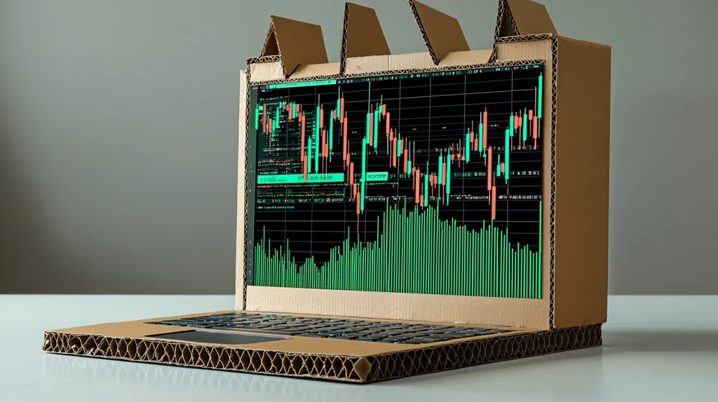A cardboard laptop displays a stock market graph on its screen. The laptop is made entirely of cardboard, including the screen, keyboard, and body. The graph shows green and red lines representing stock prices, with green lines indicating growth and red lines indicating decline. The laptop is positioned on a white surface against a grey backdrop. The image is a creative representation of the digital world and its impact on our lives.